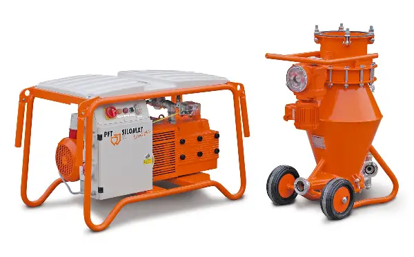 Instalaţie de transport PFT SILOMAT TRANS PLUS 105, mobilă, 5,5kW, cu recipient de transport pe role, Z00124365